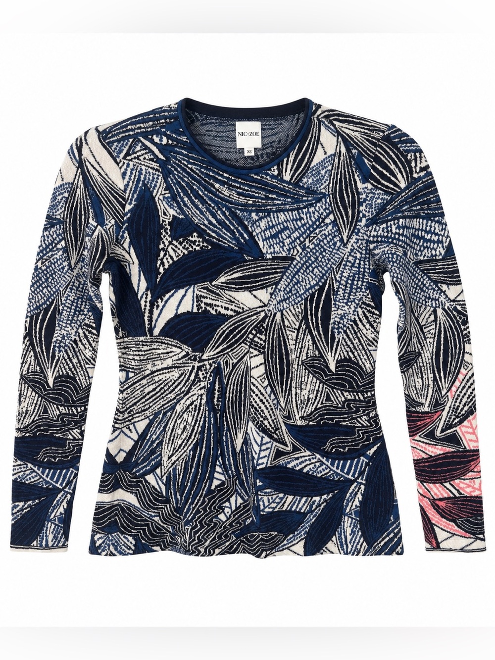 NIC+ZOE 100% Cotton Botanical Print Long Sleeve Top Navy XS